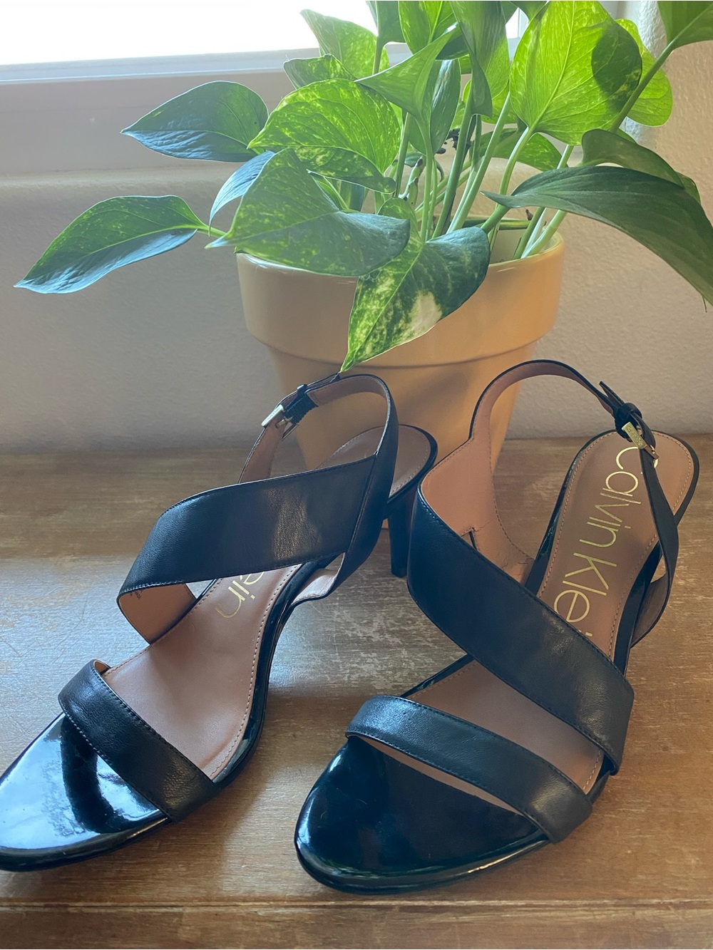 Calvin Klein Black Strappy Leather Slingback Heels
